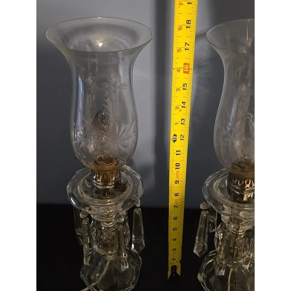 Pair of Etched Glass Boudoir Mantle Crystal Prisms Hurricane Table Lamps